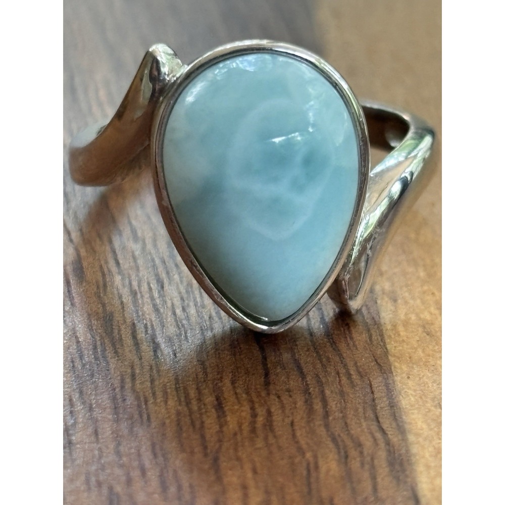 Natural Larimar Pear Shaped Sterling Silver Ring Size 8